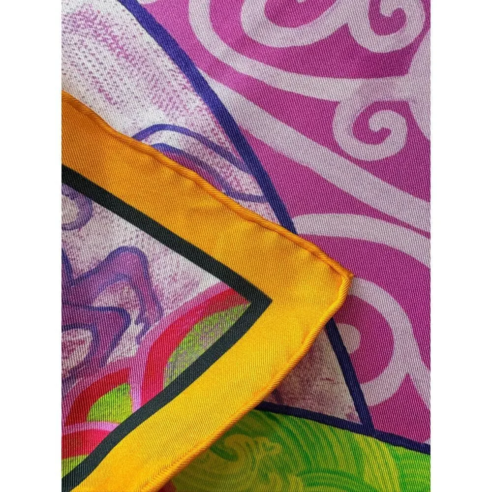 100% Silk Scarf Multicolor Art Print Rolled Hem Square Statement